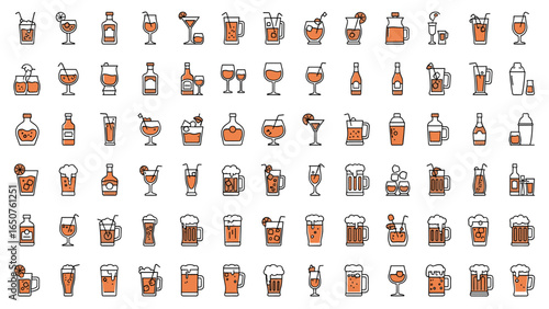 Diverse collection of alcoholic and non-alcoholic drinks in outline icon style