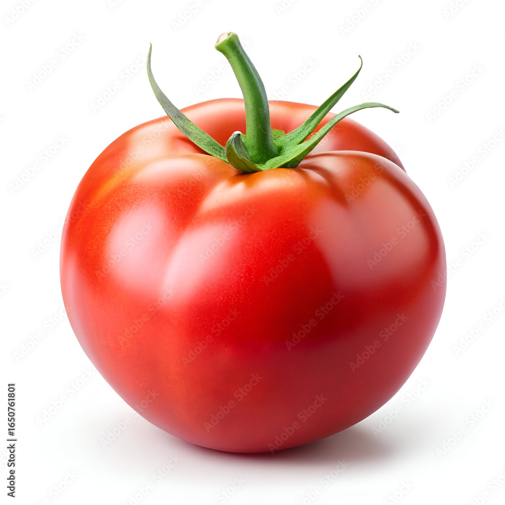 custom made wallpaper toronto digitalA single ripe red tomato with a green stem and leaves, isolated on a white background, perfect for healthy eating and culinary use