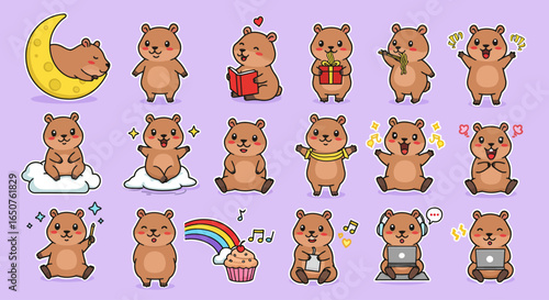  Set Sticker of Adorable Kawaii Chibi Capybara Characters
