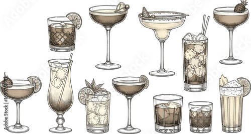 Elegant assorted cocktail drawing, showcasing a variety of drink types in glasses