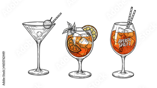 Elegant Hand-Drawn Aperol Spritz Cocktails on a White Background Illustration