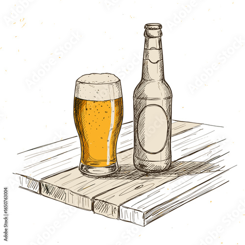 Hand drawn beer bottle and glass of beer on wooden table illustration