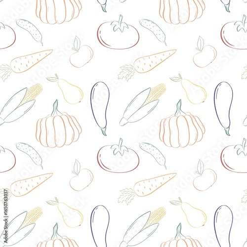 Seamless pattern for textile printing, vegetables and fruits on the white background 