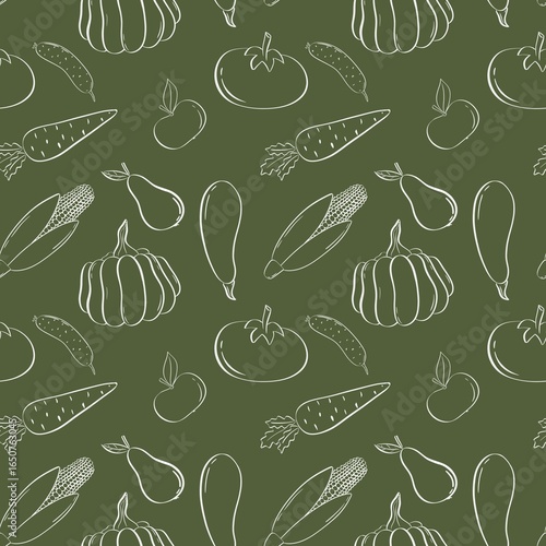 Seamless pattern for fabric print, vegetables and fruits on the dark green background 