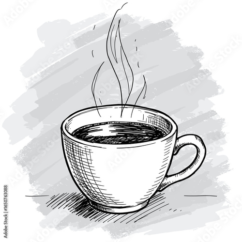 Hand drawn sketch of a steaming hot coffee cup on gray background vector