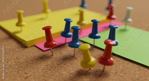 Wallpaper Mural Colorful push pins on cork board with sticky notes for office reminder, organization, planning, and creative workspace concept Torontodigital.ca