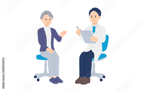 問診する男性医師とシニアの女性患者【人物ベクターイラスト素材】