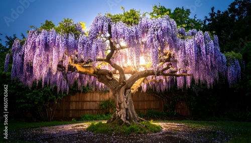 Majestic wisteria tree bathed in evening light.