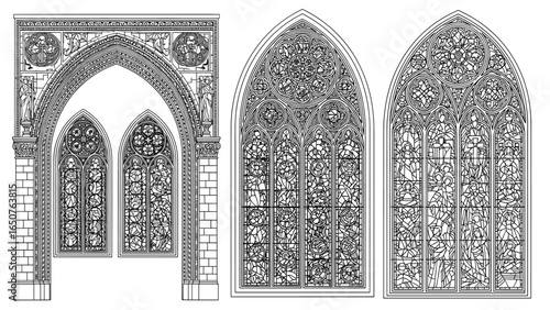 Intricate line art illustration of gothic architectural windows and arch design