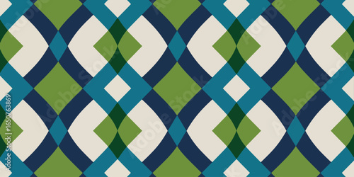 Geometric pattern with intersecting arcs and diamond shapes in green blue and beige colors design