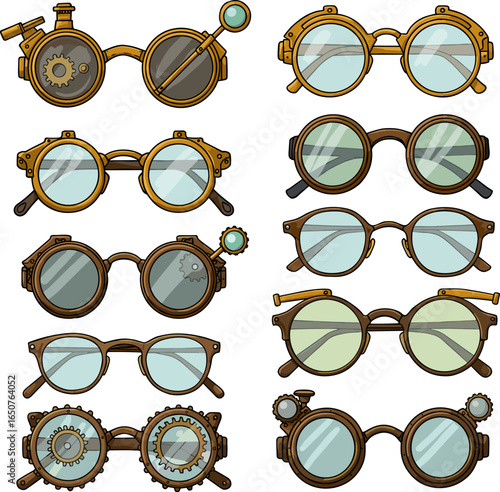 Steampunk and retro glasses vector set, unique designs and stylish eyewear options