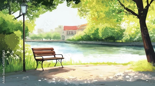 A view of a bench with a view of a canal. 4K animated video