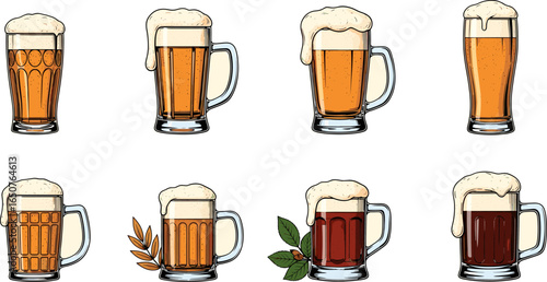 Variety of beer glasses with overflowing foam, showcasing different beer types and styles
