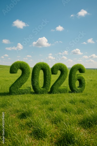 2026 shaped in grass on a sunny meadow—eco future concept with blue sky and daisies. Great for green campaigns.