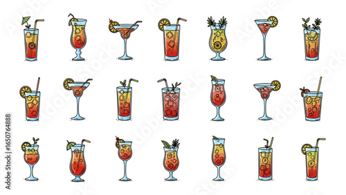 Vibrant cocktail illustrations set featuring various refreshing mixed drinks with garnish