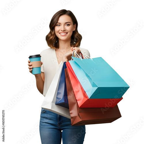 Young woman holding shopping bags and coffee cup isolated on transparent background