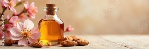 Wallpaper Mural Amber bottle, fresh almonds & blossoms, natural oil , floral, closeup, brown Torontodigital.ca