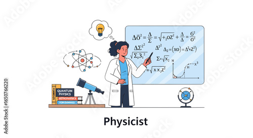 Dedicated female physicist analyzing complex equations on a whiteboard, surrounded by scientific instruments and books, symbolizing academic research and knowledge exploration.