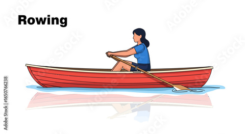 Dynamic illustration of a lone oarswoman engaging in the challenging yet serene sport of rowing on calm waters, embodying health, focus, and aquatic fitness.