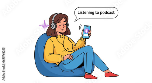 Woman enjoying listening to a podcast on her phone while sitting comfortably in a beanbag chair
