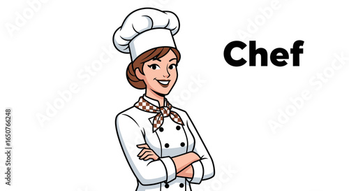 Illustration of a smiling female chef in uniform with her arms crossed, featuring the word 