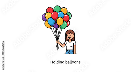Cheerful young girl happily holding a large colorful bunch of balloons, celebrating a fun and festive event with a bright smile