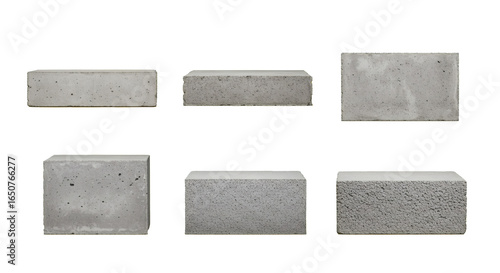Collection of six rectangular concrete blocks on white. Industrial grey cement bricks from various angles for construction themes or as a minimalist pedestal, isolated on a white background.