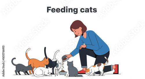Woman feeding a group of stray cats in a park, showing compassion and care