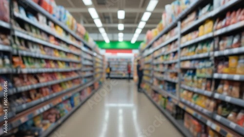 blurred background with aisles and shelves in supermarket. 4k video