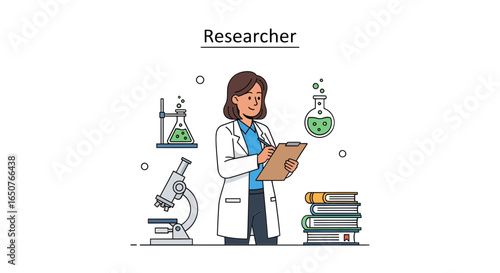 Professional female scientist diligently conducts research in a modern laboratory, using essential scientific equipment