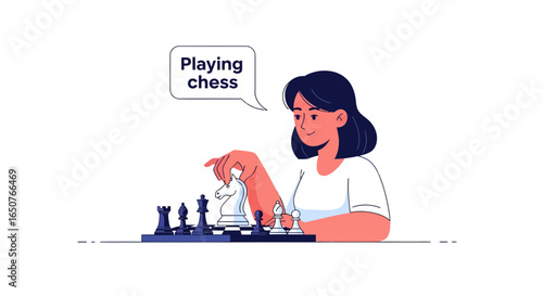 Young woman strategically moving a knight piece on a chessboard during a game. Flat vector illustration concept of intellectual hobbies.