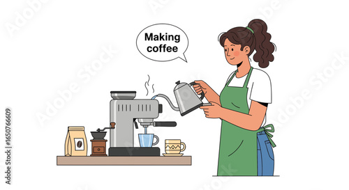 Illustration of a female barista skillfully preparing fresh espresso, a culinary art of brewing aromatic coffee in a modern cafe.