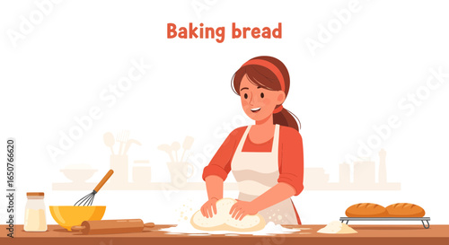 Happy woman baking fresh bread, kneading dough on a wooden table, with a whisk nearby for ingredients