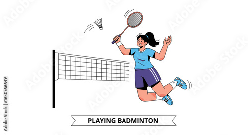 Energetic female badminton player executing a powerful jump smash shot over the net in a dynamic vector illustration.