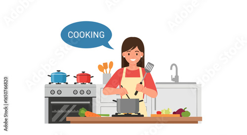 Woman cooking in the kitchen with various ingredients, pots, pans, and utensils, showcasing her culinary skills