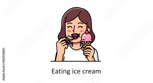 A young woman happily enjoying a delicious strawberry ice cream cone with a spoon, pure delight