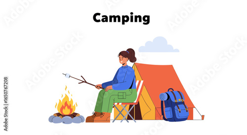Vector illustration of a woman on a solo camping adventure, sitting by a campfire and roasting a marshmallow