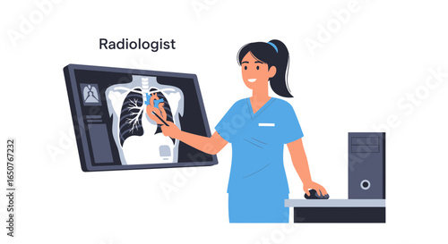 Female radiologist in scrubs analyzing a chest X-ray on a digital screen, interpreting a lung scan for medical diagnosis.