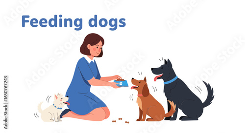 Woman feeding treats to three dogs of different breeds and colors, a small white dog, a medium brown dog, and a large black dog