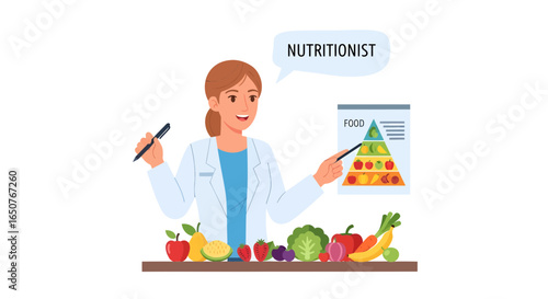 Nutritionist Explaining Healthy Eating Pyramid with Fruits and Vegetables