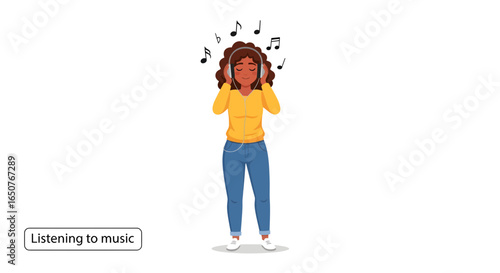 A young woman with curly hair, wearing jeans and a yellow sweater, happily listens to music with headphones on, surrounded by musical notes.