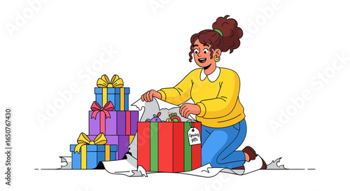 Woman happily packing gifts in colorful wrapping paper for a special occasion