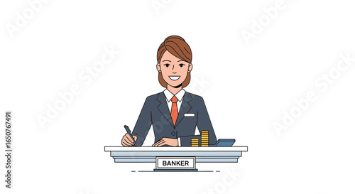 Vector illustration of a professional female banker character sitting at a desk providing financial services and advice
