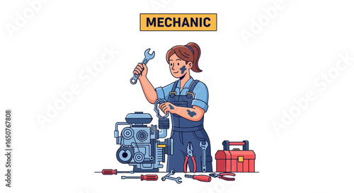 Female Mechanic Repairing Engine Skilled Technician at Work