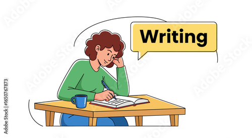 A person is sitting at a desk and writing in a notebook with a cup of coffee next to them, the word Writing is in a speech bubble