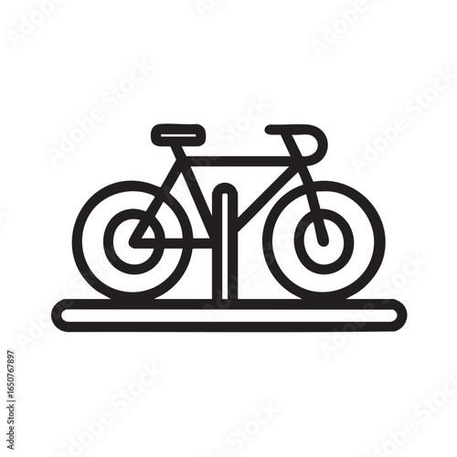 A simple line drawing of a bicycle on a bike rack.
