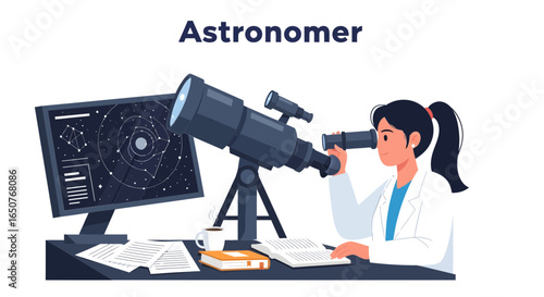 Female astronomer observing stars through a powerful telescope in a science lab, researching celestial bodies and the cosmos