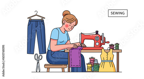 Vector illustration of a woman at a workstation, crafting handmade clothes with a sewing machine. Depiction of a seamstress engaged in a dressmaking hobby.