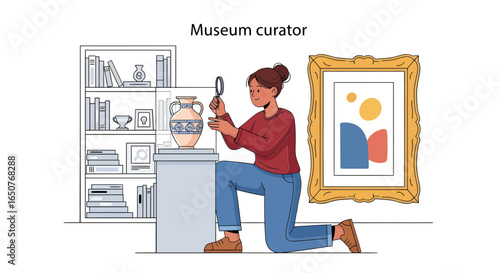 Museum Curator Inspecting Artifact Art Exhibition, Display, and Cultural Heritage
