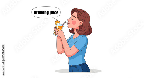 Girl Enjoying a Refreshing Juice Drink, Animated Illustration